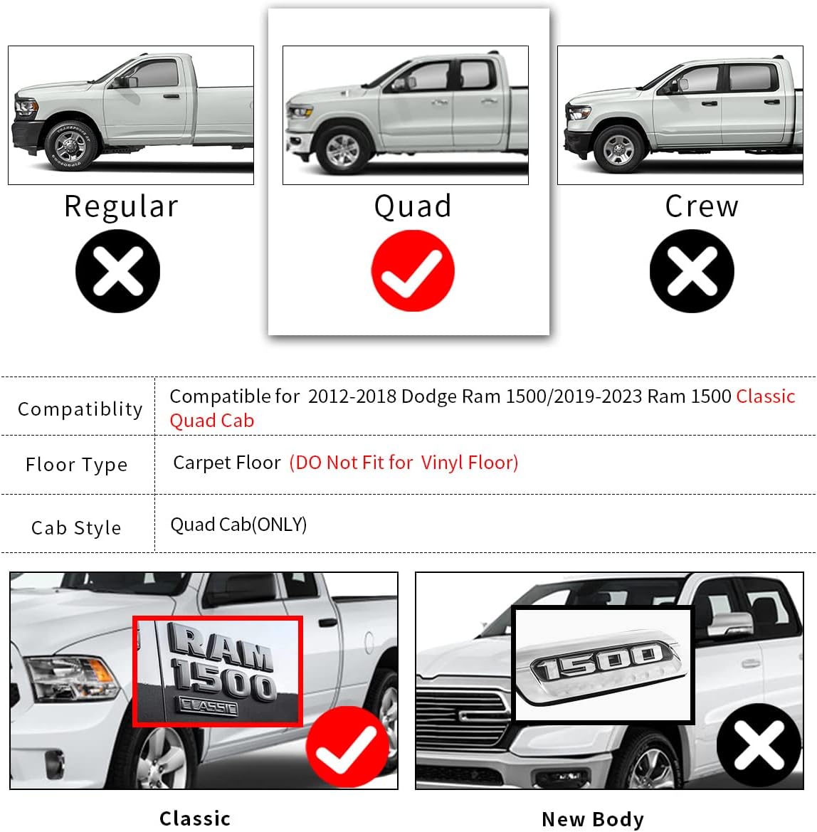 YITAMOTOR Floor Mats Compatible with 2013-2018 Ram 1500 Quad Cab/2019-2023 Ram 1500 Classic, 1st & 2nd Row