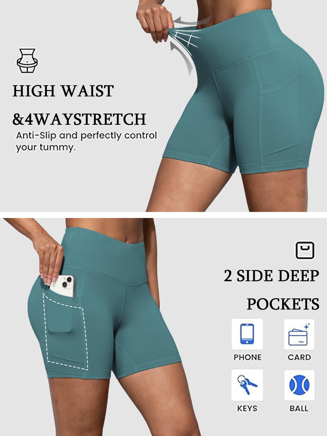 Women’s bike shorts with pockets, high-waisted tummy control and stretchy fabric, 4-pack for fitness, yoga, and sports