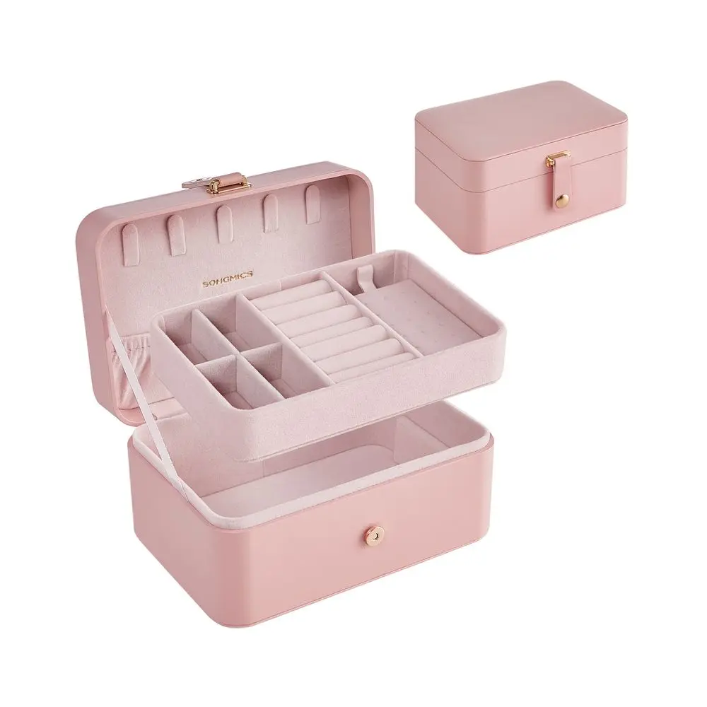 SONGMICS GISELLA Collection Compact Portable Travel Jewelry Organizer Storage, Elegant Touch Premium Velvet 2-Layer Accessories Box with Shiny Metal Hardware, 5 Necklace Hooks, Bottom Bracelet Compartment, 0.7 lb, 4.6"d x 6.3"w x 3"h, for Business Use, Bo