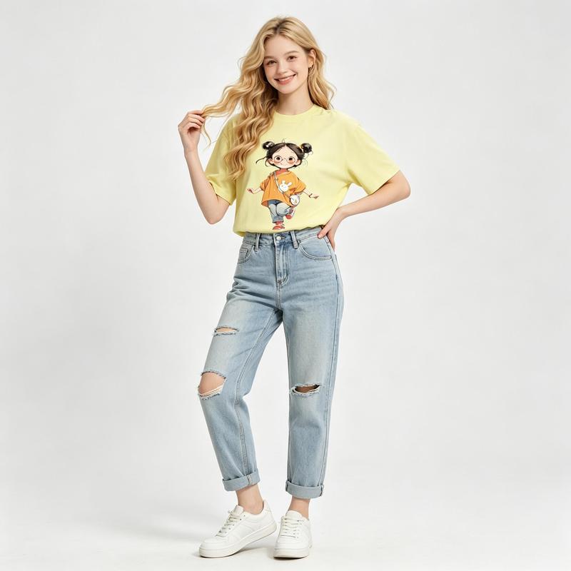 Women's Cute Cartoon Girl Graphic Tee Light Yellow Oversized T-Shirt Kawaii Double Buns Glasses Bunny Bag Print Casual Short Sleeve Top Trendy Y2K Aesthetic Streetwear Summer Outfit