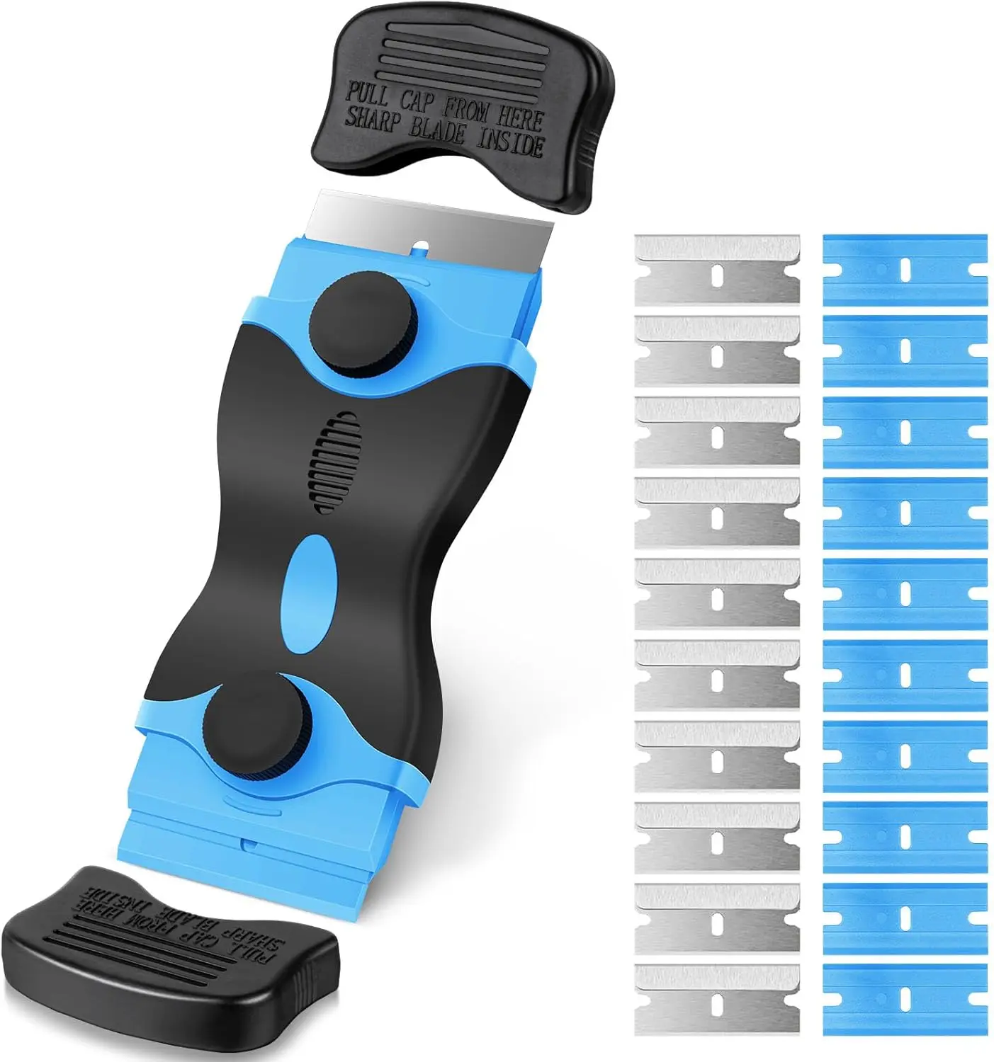 Blue 2-in-1 Multi-Purpose Scraper Tool | 20 Blade Kit with 10 Silicone and 10 Stainless Steel Blades | Safe and Effortless Remover for Stickers Paint Gunk and Adhesive | Perfect for Glass Stovetop Oven Tile Walls | Ideal Present for Her