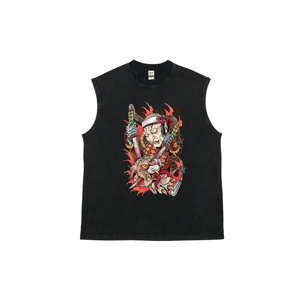 Men's Japanese Samurai Print Sleeveless Washed Tank Top, Traditional Warrior Graphic Vintage Muscle Shirt, Distressed Streetwear Summer Undershirt for Men