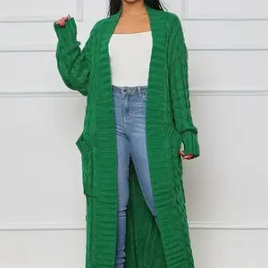 Fashion Women's Clothing Long Length Cable Knit Cardigan - Elegant Solid Long Sleeve Sweater With Pockets - Women's Clothing - Fall/Winter - Suitable Casual & Formal Occasions - Perfect Women Fabric Fit
