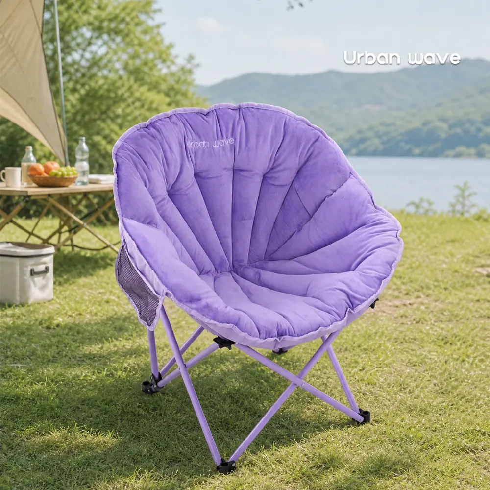 Oversized Collapsible Crystal Velvet Padded Saucer Chair, High Carbon Steel Camping Furniture with 300 lb Capacity, Ergonomic Cloud Cushion, Mesh Pockets, Anti-Slip Surface, Compact Seating Solutions for Campfire/BBQ Party, Bedroom
