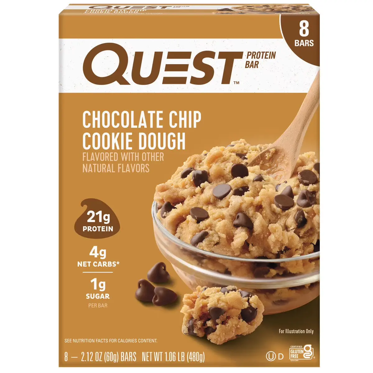 Quest Chocolate Chip Cookie Dough Protein Bar, Gluten-Free, 8 Bars