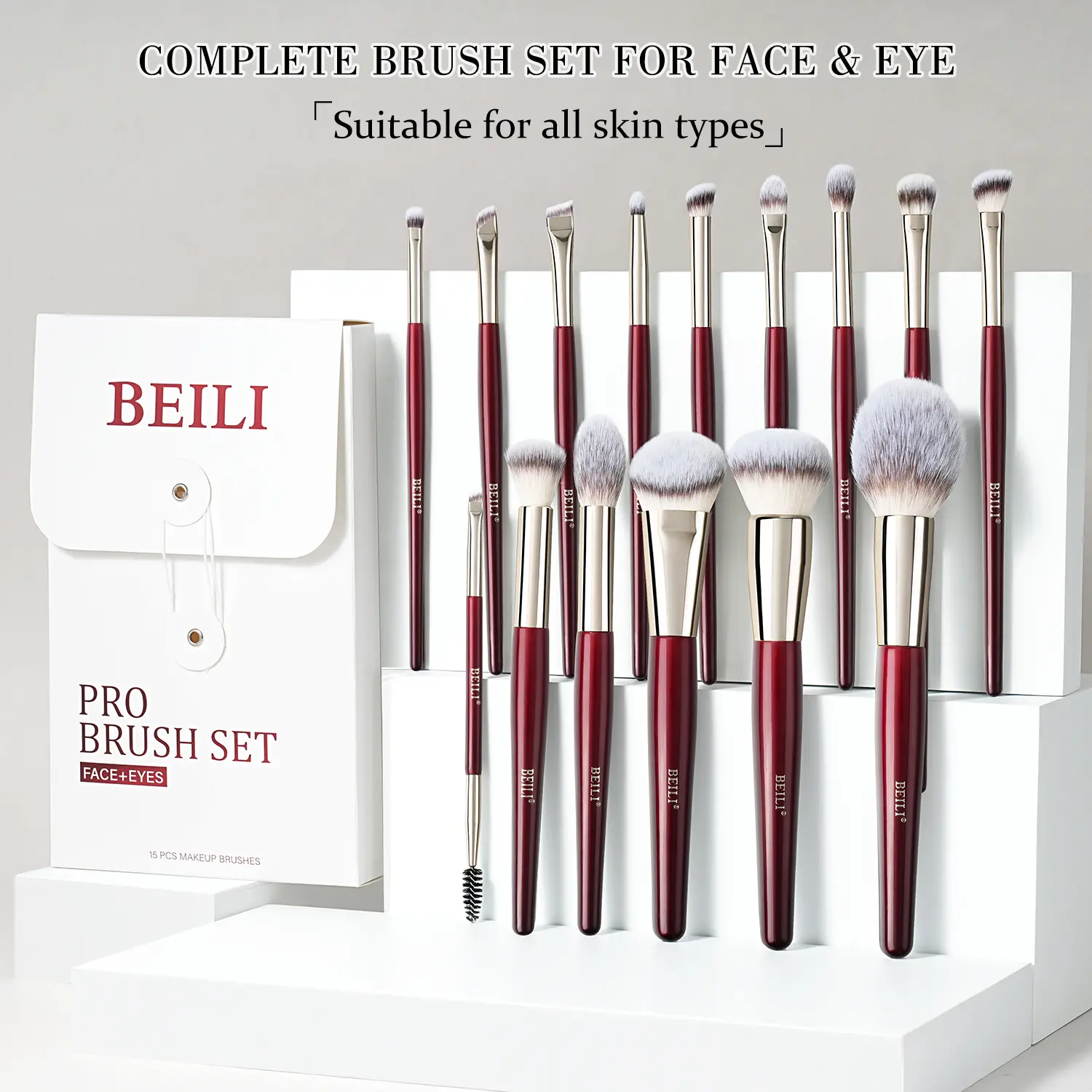 BEILI 15-Piece Vegan Cruelty-Free Makeup Brushes Set - Professional Kit with Soft Synthetic Nylon Bristles, Odorless Ergonomic Handles, for Foundation, Blush, Eyeshadow, Ideal Girlfriend Gift for Mother’s Day, Valentine’s Day