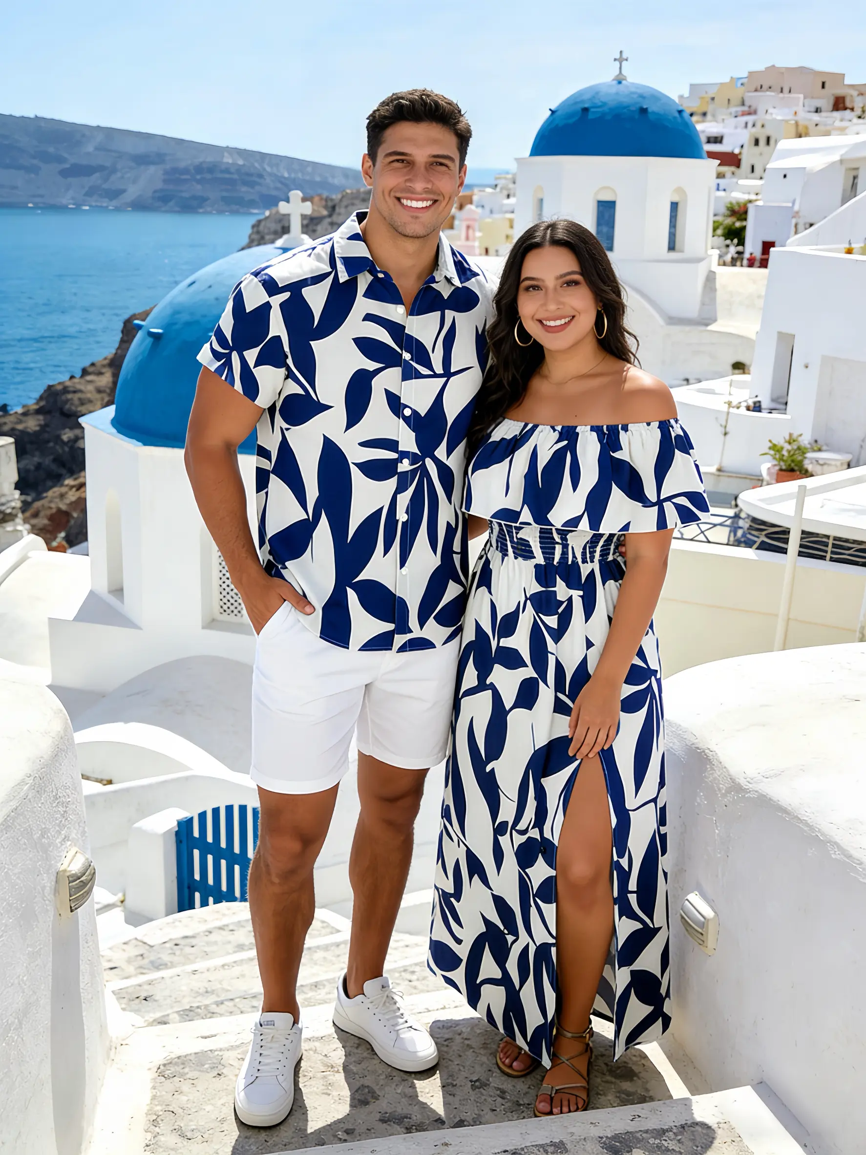 DRESSLILY 2026 Vacation Couple Outfit Women's Leaf Patten Off the Shoulder Slit Long Dress and Men's Button Up Shirt Set