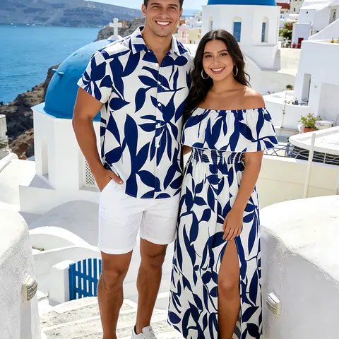 DRESSLILY 2026 Vacation Couple Outfit Women's Leaf Patten Off the Shoulder Slit Long Dress and Men's Button Up Shirt Set