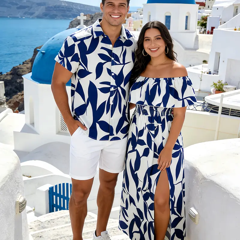 DRESSLILY 2026 Vacation Couple Outfit Women's Leaf Patten Off the Shoulder Slit Long Dress and Men's Button Up Shirt Set