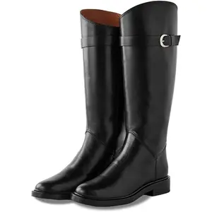 Women’s Knee High Riding Boots Low Chunky Heels Stretchy Leather Round Toe Tall Long Boots for Fall Winter