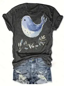 Gray Bird T-Shirt, Cute Bird on Branch Graphic Tee, Women's Short Sleeve Top, Casual Style, Relaxed Fit, Comfortable Everyday Wear, Bird Lover Gift, Stylish and Trendy