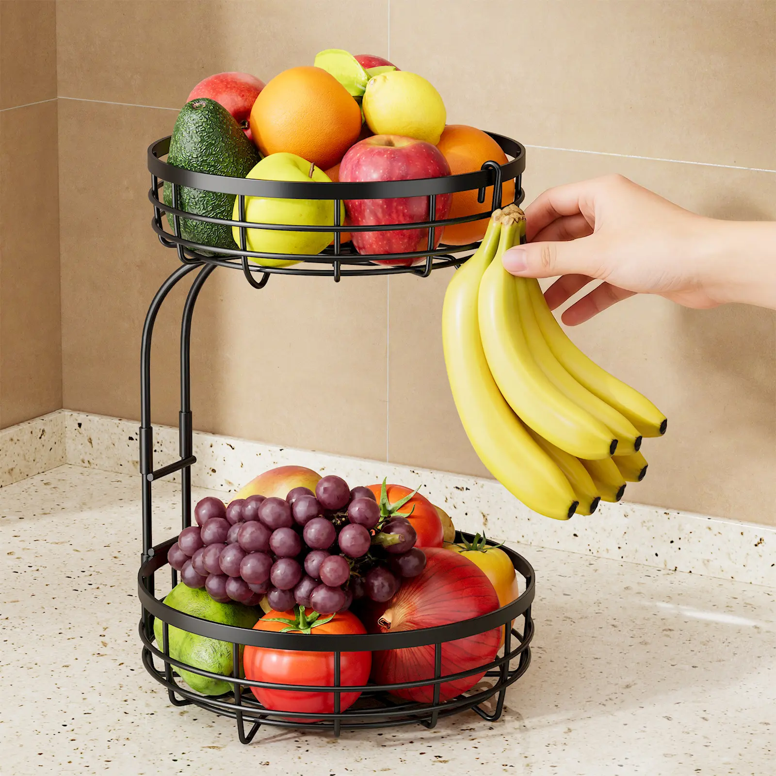 2-Tier Kitchen Counter Organizer with Decorative Rust-Proof Metal Fruit Bowl, Banana Holder, Veggie & Bread Storage for Home Aesthetics