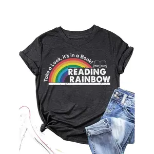 Women's Rainbow & Letter Print Round Neck Tee, Trendy Casual Short Sleeve T-shirt for Daily Wear, Ladies All Seasons Clothes, T Shirts for Women, Going Out Tops, Womenswear