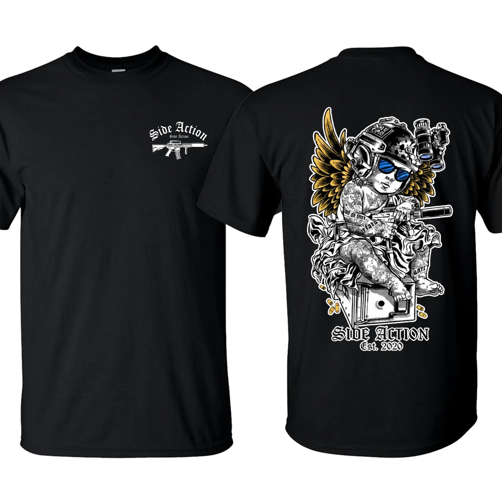 Unisex Cold-Wash Cotton Casual Tee - Classic Round Neck Short-Sleeve, Tactical Military Patriotic Angel Cherub Sniper Graphic Print, Sporty Chic Athlete Life Hiking/Light Outdoor Sport Lover Lifestyle Top, Ideal Gift for Veterans