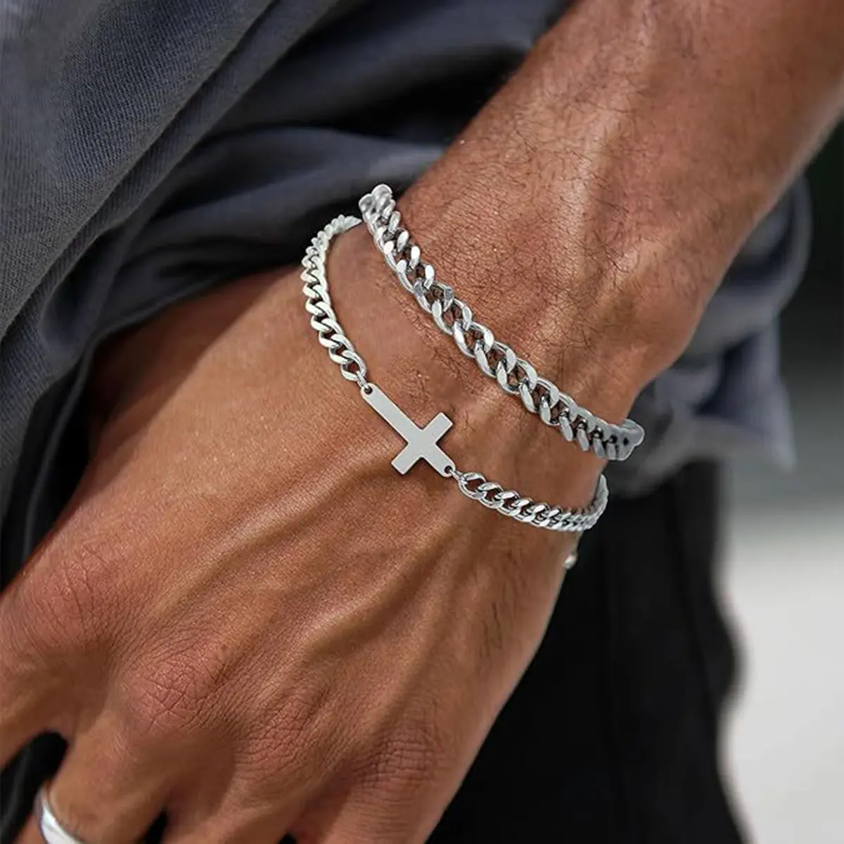 Men's Smooth Cuban Link Chain Wrist Bracelet - Tiny Flat Cross Pendant, Adjustable Extension Chain, 1.0 oz Gift for Father's Day, Anniversary, Birthday, 4Mm Width