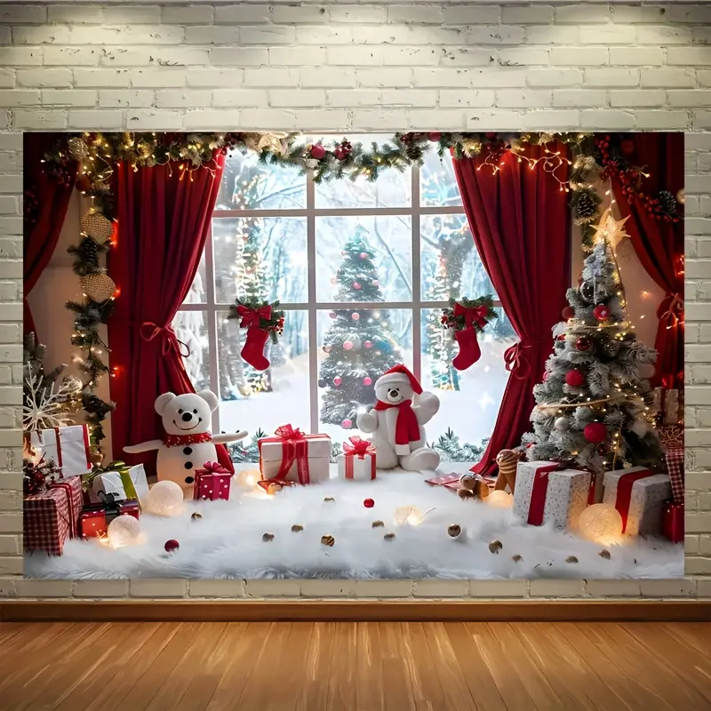 1Pcs Winter Wonderland Christmas Photography Backdrop, Wall Hanging Backdrop, Vibrant Village Window Scene with Snowman Trees Gifts, Perfect for Holiday Party Decor, Holiday Parties Home Decor Decoration Studio Props Photo Backdrops