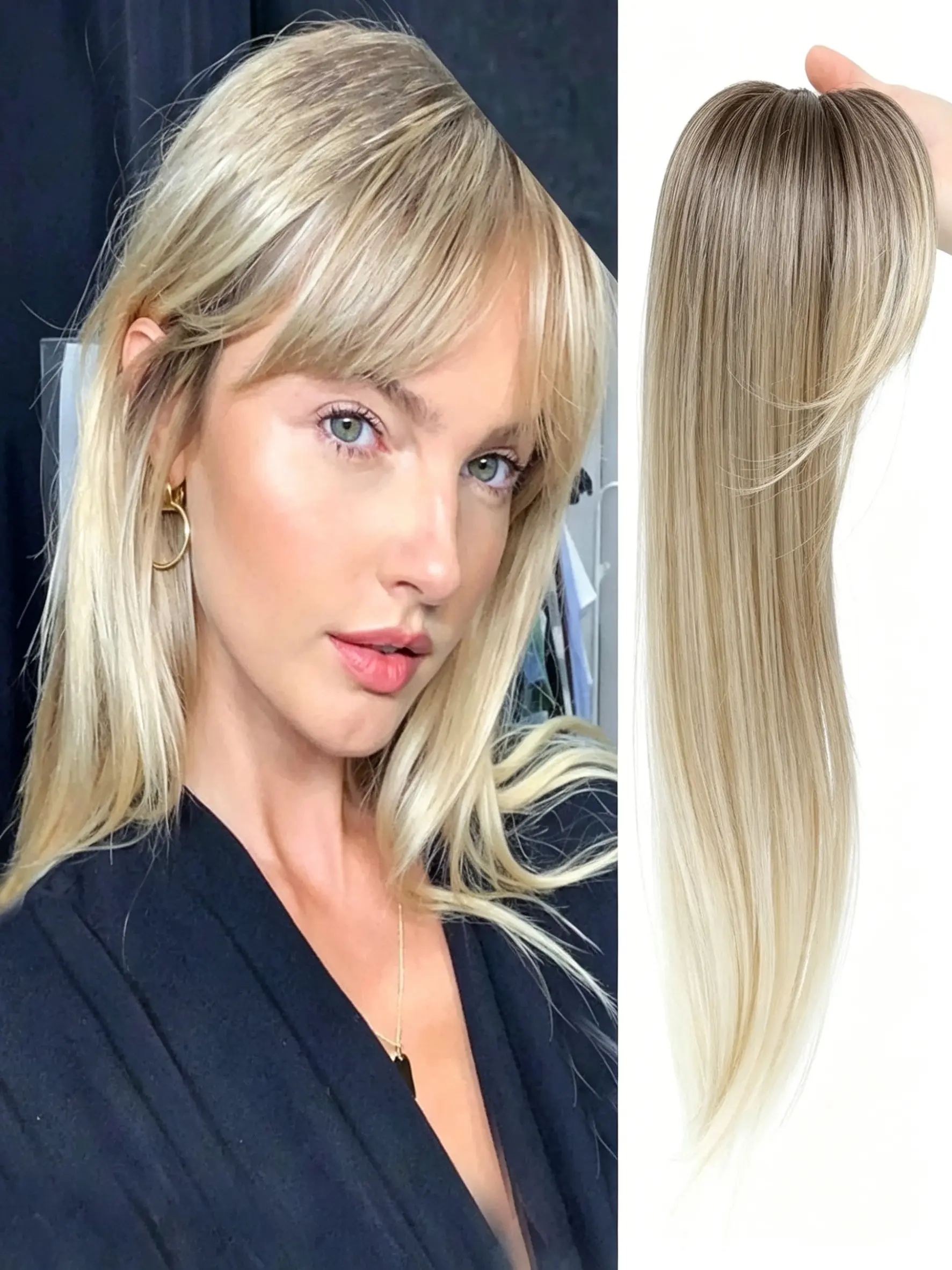 360° Realistic Bangs Hairpiece, Realistic Hairpieces, Elegant Clip-On Synthetic Hair Extension, Clip Hair Extensions, Voluminous Straight Hair, Covers Bald Spots, Youthful Look
