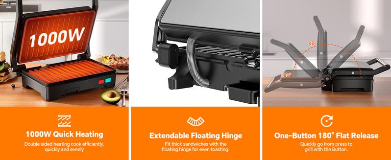 Panini Press Grill, 3-in-1 Electric Grill, 180° Openable, Non-Stick Plates, Floating Hinge, With Grease Tray, Gourmet Sandwich Maker for Indoor, Outdoor, Camping Cooking, BBQ, Pizza Oven, Fast Preheat & Dual Heating Plates, Easy Cleanup