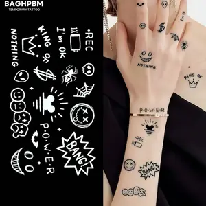 BAGHPBM [18 Sheets Body Stickers] 2 Sheets, Black Smiley face Alphabet Crown Skull Spider Battery level Waterproof Artistic Body Stickers for Women's Hands Wrist Collarbone Suitable for Party Makeup temporary tattoos fake tattoos