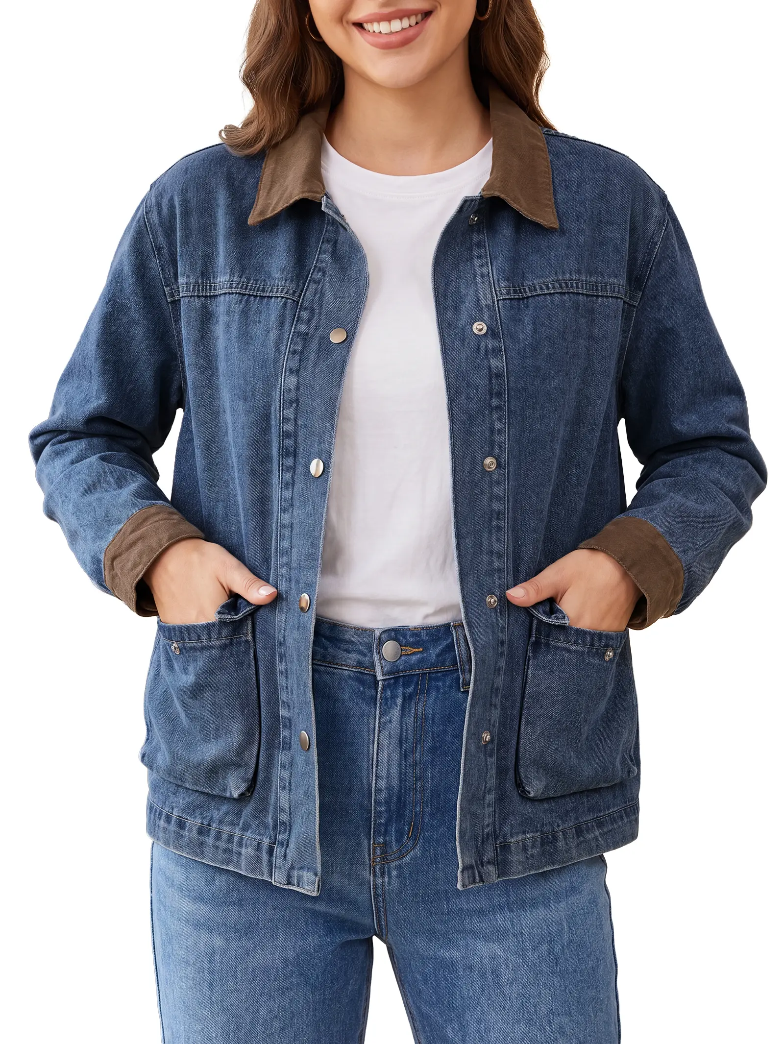 EMMIOL【Back to School】Women's Oversized Denim Trucker Jacket Long Sleeve Coat | Faux Leather Collar, Silver Buttons, Barn‑Jacket‑Inspired Silhouette, Barnfit Aesthetic, Y2K Vintage Vibe, Patch Pockets, Relaxed Fit, Casual Fall Outfits, Womenswear