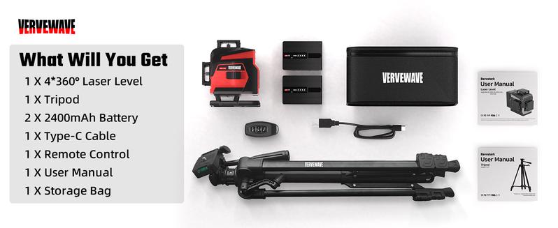 Vervewave Self-Leveling Laser Level MW316G-T with Tripod 4x360° Green Line Rechargeable Battery Remote Control Touch Operation for Picture Hanging Tiling DIY Projects Portable Bag Included