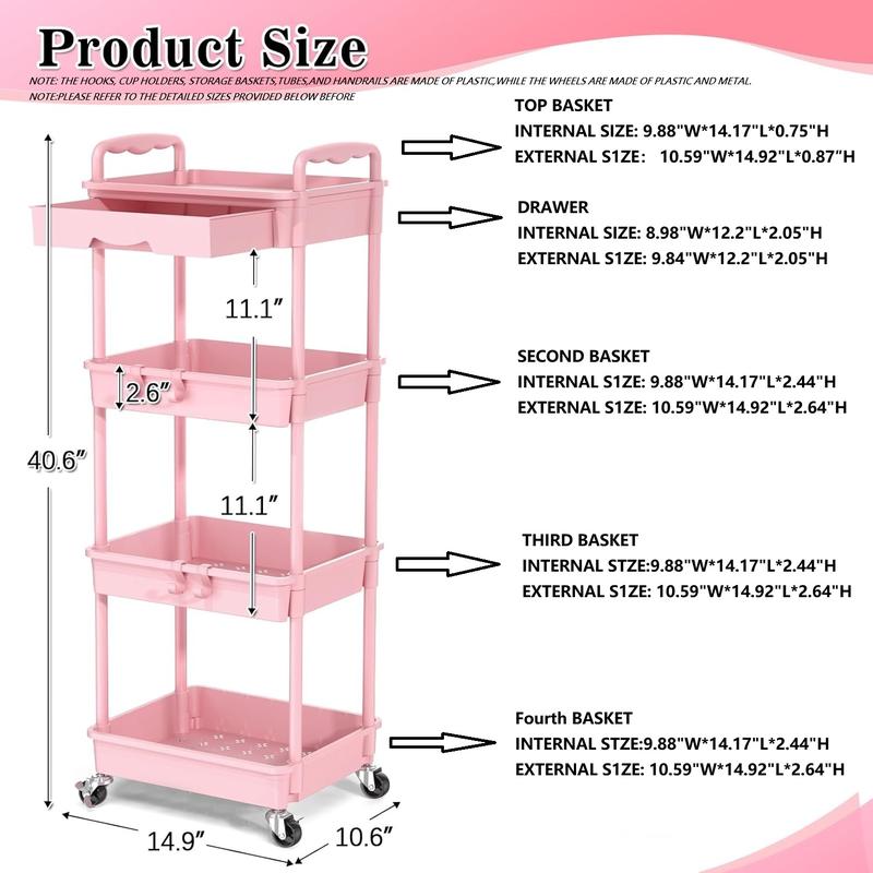 VANCASTLE 3/4 Tier Rolling Utility Cart Organizer with Removable Drawer - Sturdy Rolling Storage Cart with 2 Lockable Wheels for Bathroom, Kitchen, Snack, Craft, Makeup, and Baby Essentials White Racks bathroom organizer garage accessories