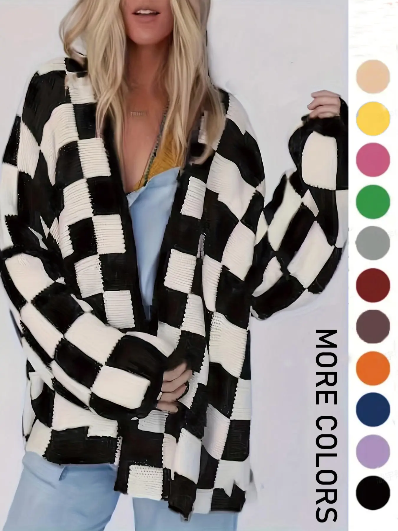 Plus Size Plaid Print Drop Shoulder Cardigan, Casual Style Long Sleeve Open Front Knitwear for Fall & Winter, Women's Plus Clothing for Daily Wear Piece, Womenswear Knitting, Colorblock Knit Sweater, Colorblock Sweater Tops, Fashion Knitwear
