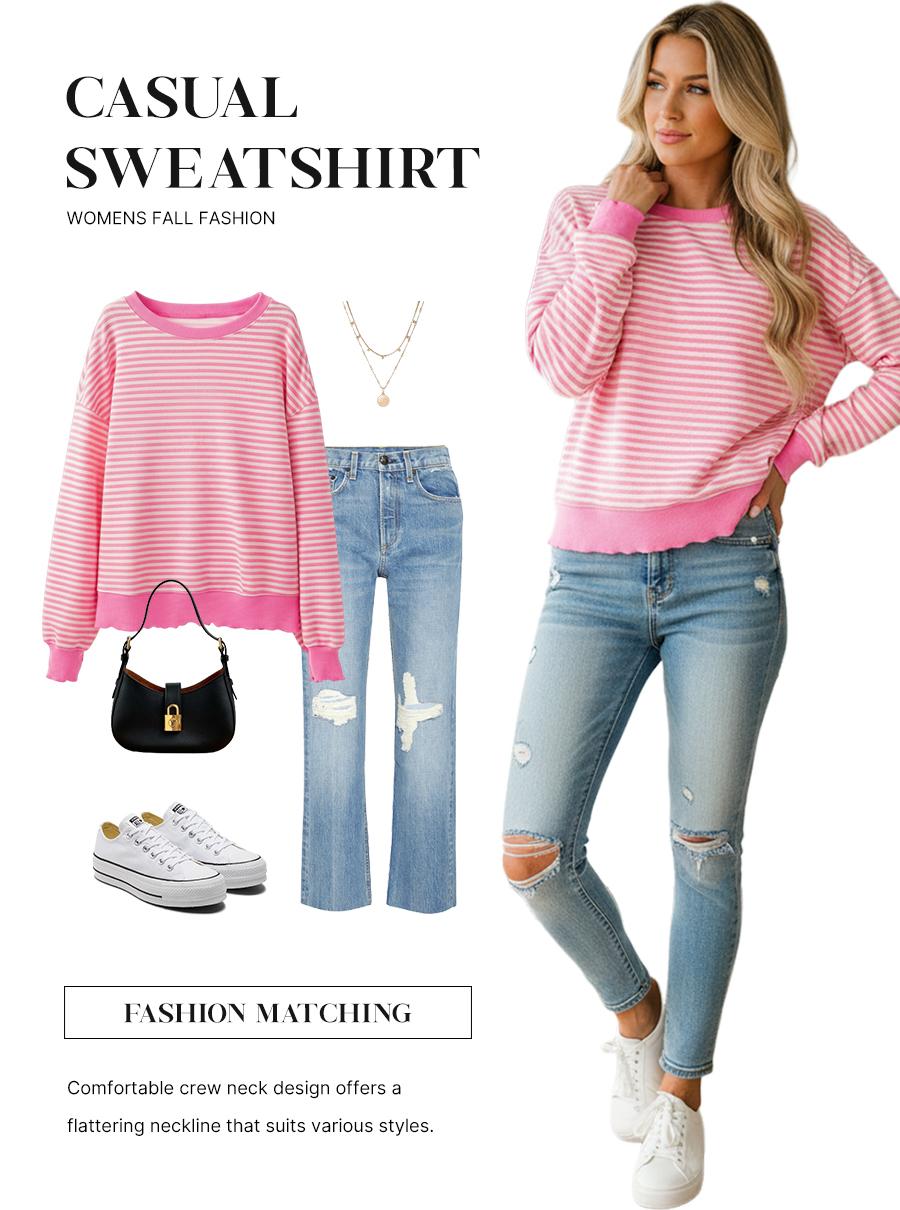 Dear-Lover Stripe Print Crew Neck Drop Shoulder Long Sleeve Loose Casual Top For Women's Dailywear