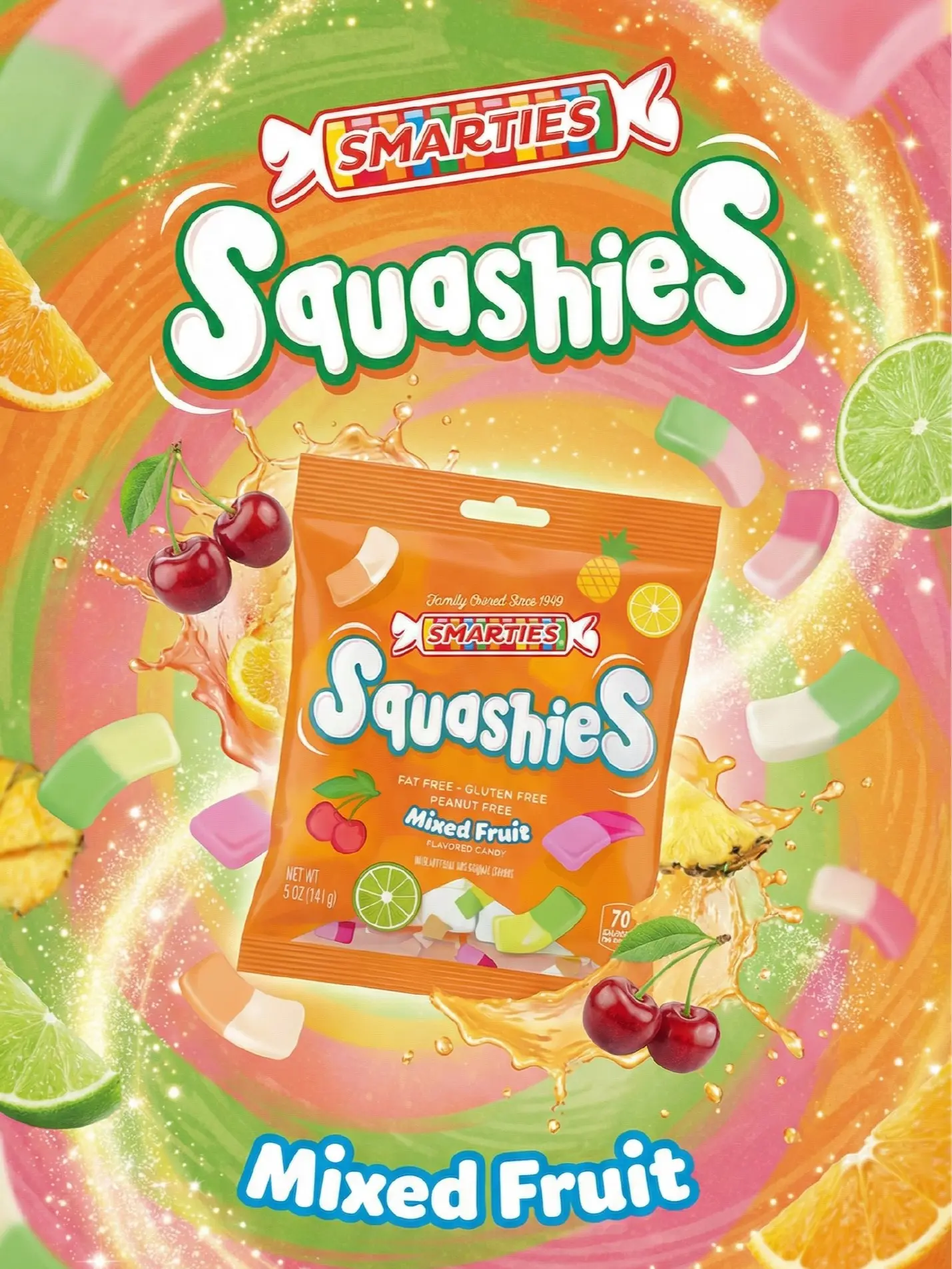 Smarties Squashies Mixed Fruit Chewable Chewy Foam Marshmallow Candy - Natural, GMO-Free Sweet Snack, Ideal for Cupboard Storage, Perfect for Birthday & Valentines Day Gifting