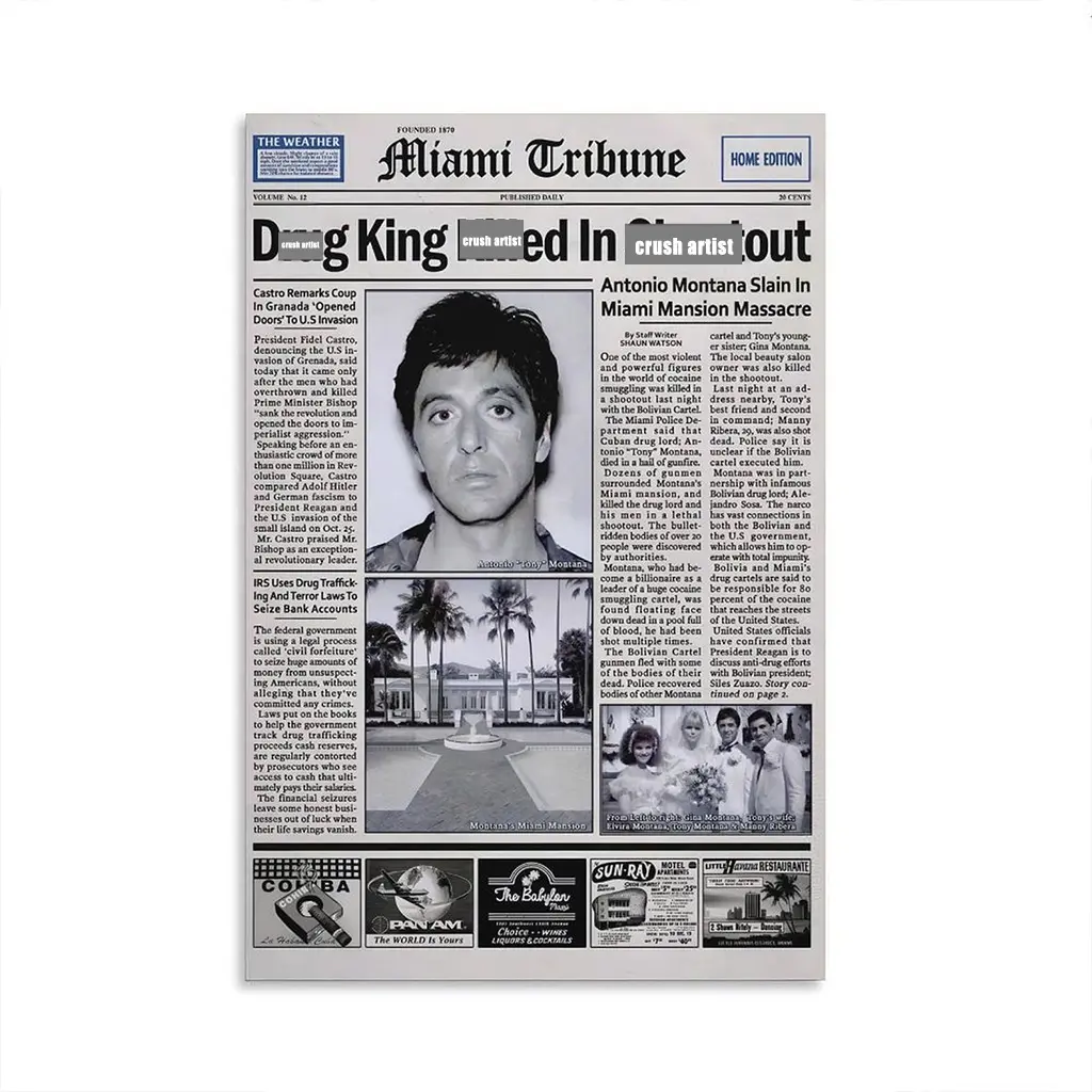 Pacino Tony Montana Newspaper Poster Print Scar Face Trendy Wall Art Canvas Collectible Gift for Movie Enthusiasts High-Quality Solid Wood Frame Waterproof Design