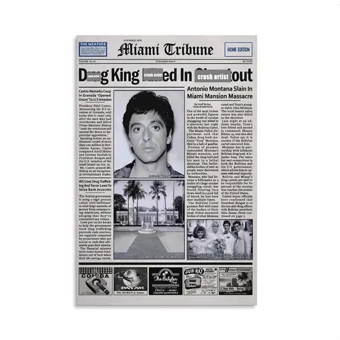 Pacino Tony Montana Newspaper Poster Print Scar Face Trendy Wall Art Canvas Collectible Gift for Movie Enthusiasts High-Quality Solid Wood Frame Waterproof Design