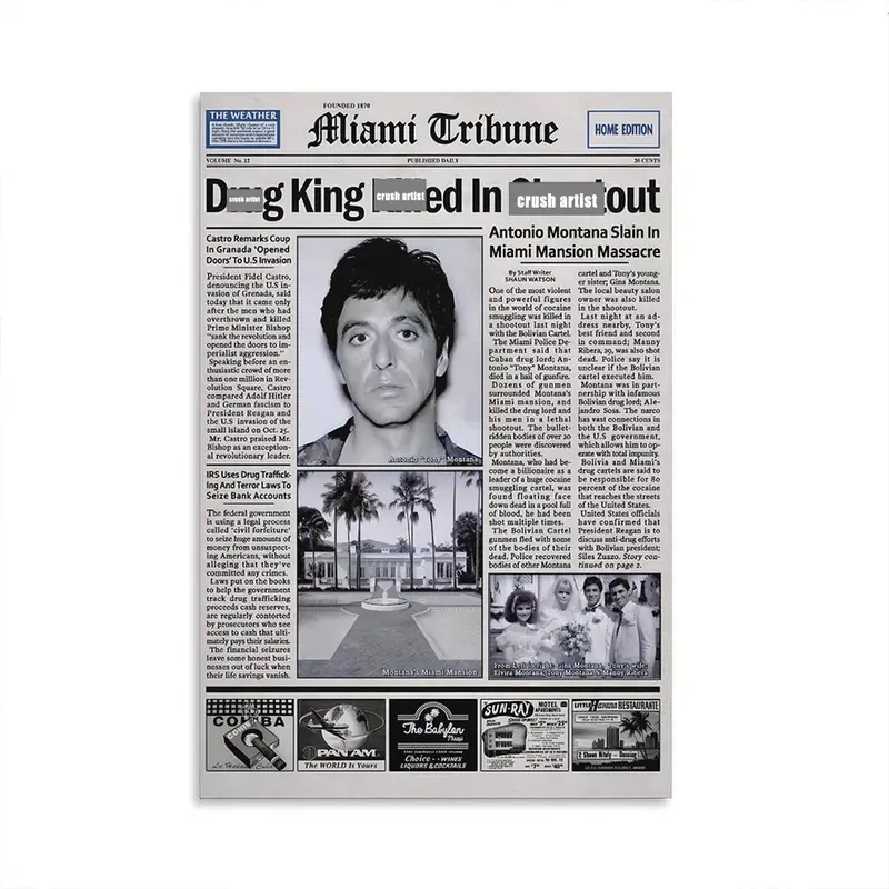 Pacino Tony Montana Newspaper Poster Print Scar Face Trendy Wall Art Canvas Collectible Gift for Movie Enthusiasts High-Quality Solid Wood Frame Waterproof Design