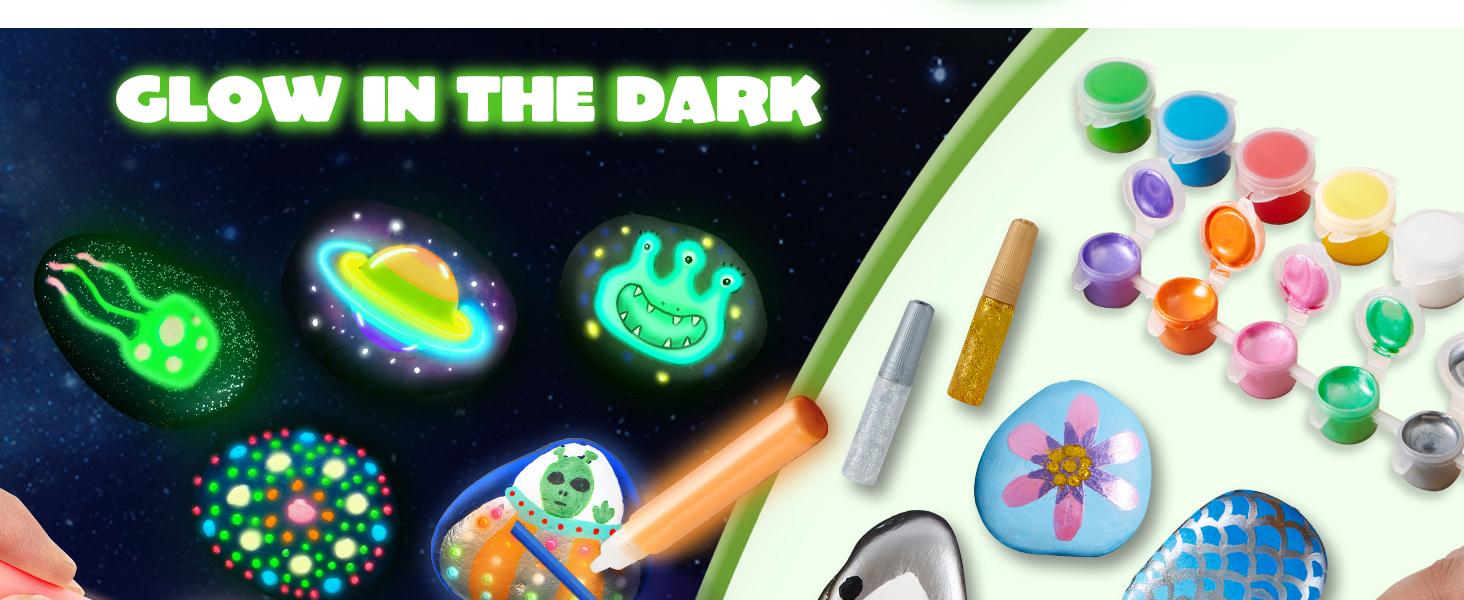 Rock Painting Kit- Glow in The Dark Rock Kit, Arts and Crafts for Kids Ages 6-12, Art Supplies Toy , Kids Craft Paint Kits, Arts & Crafts for Boys Girls Birthday Party Gift Toy