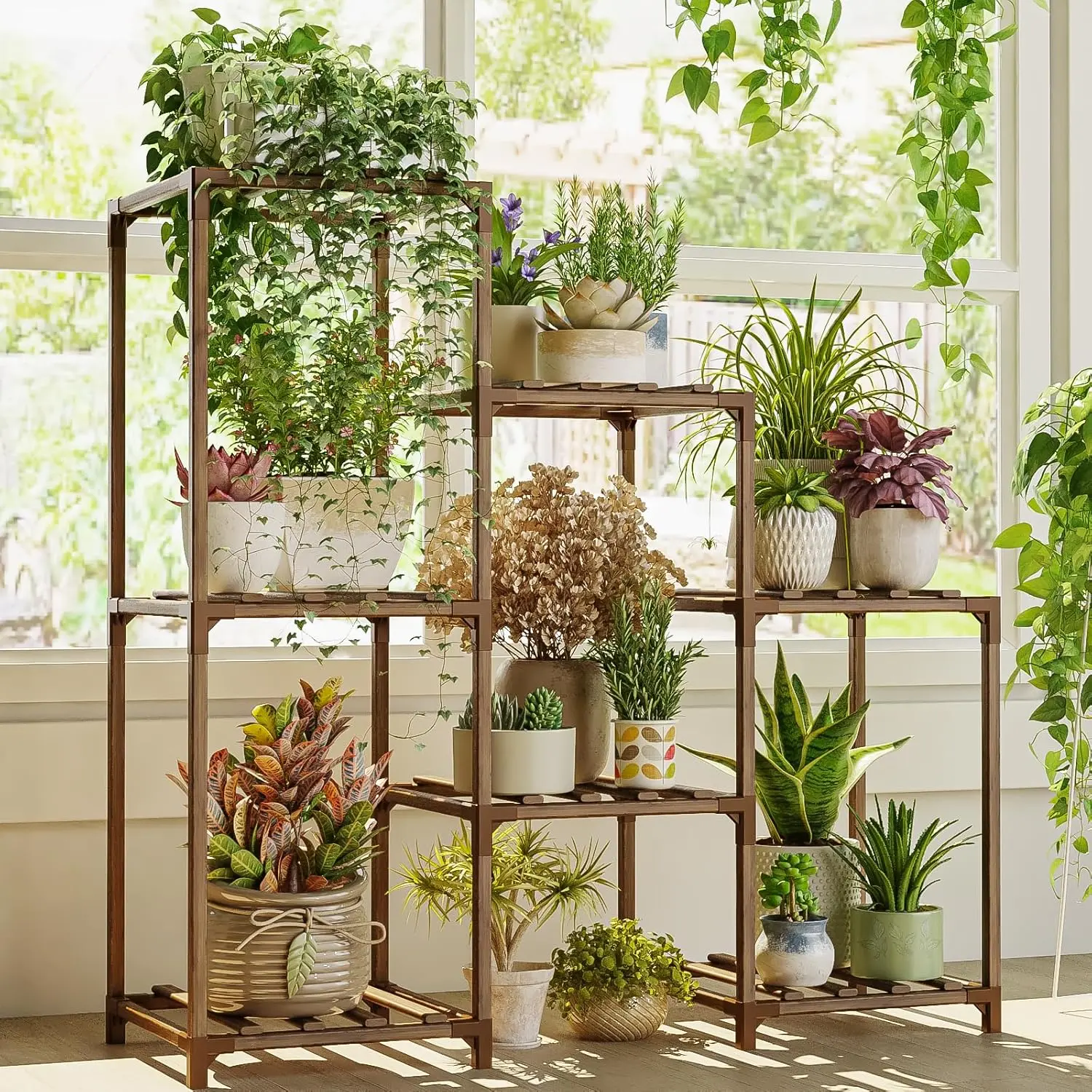 Bamworld Natural Carbonized 3-Tier Vertical Plant Stand - 3-Layer Rack, Weather Resistant Charred Wood Compartments, Unmatched Plant Capacity Home Accessory, Balcony-Ready Indoor/Outdoor Flower Pot Organizer
