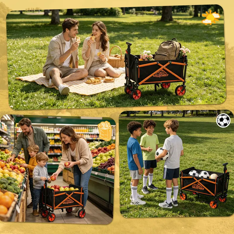 【Small Size】Collapsible Utility Wagon Cart with Wheels, 88 lbs Heavy-Duty Load, Lightweight Folding Design and Adjustable Handle for Camping, Garden, Sports, and Shopping