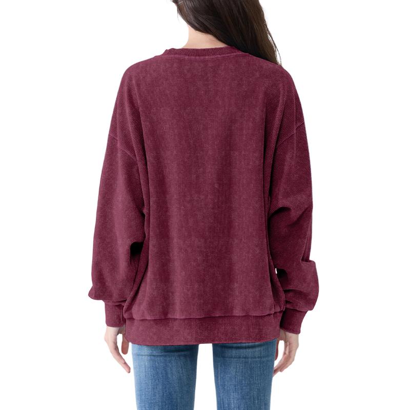 FAIABLE Oversized Acid washed Unisex Sweatshirt Loose Fit Cotton Pullover Vintage Crew Neck Sweatshirts Waffle Fabric