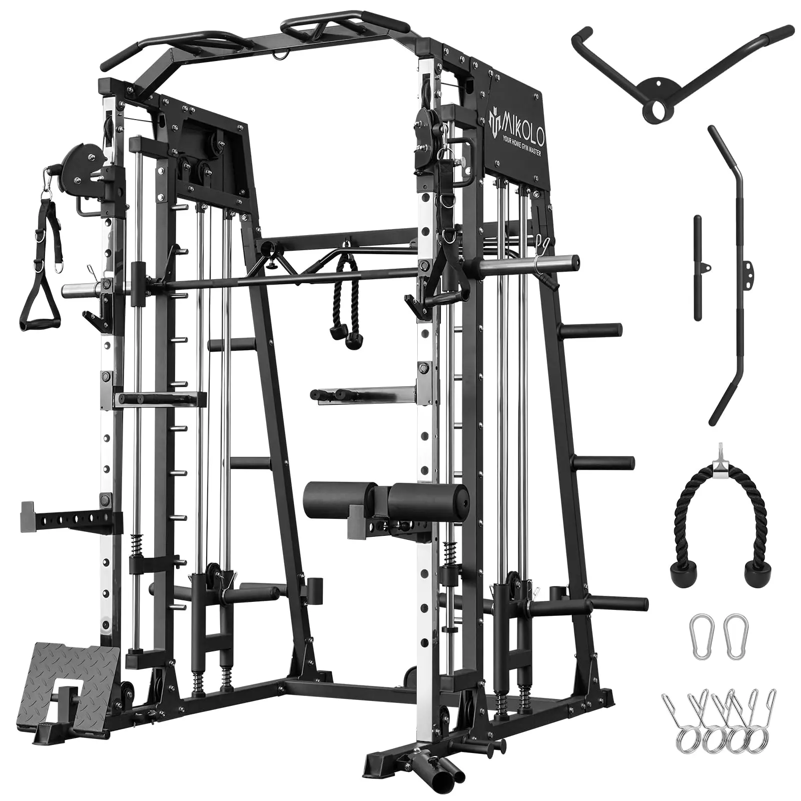 [4 packages shipping] MIKOLO Smith Machine, 2200lbs Squat Rack with LAT-Pull Down System & Cable Crossover Machine, Training Equipment with Leg Hold-Down Attachment Home Gym Station Home Gym AdjustableMIKOLO