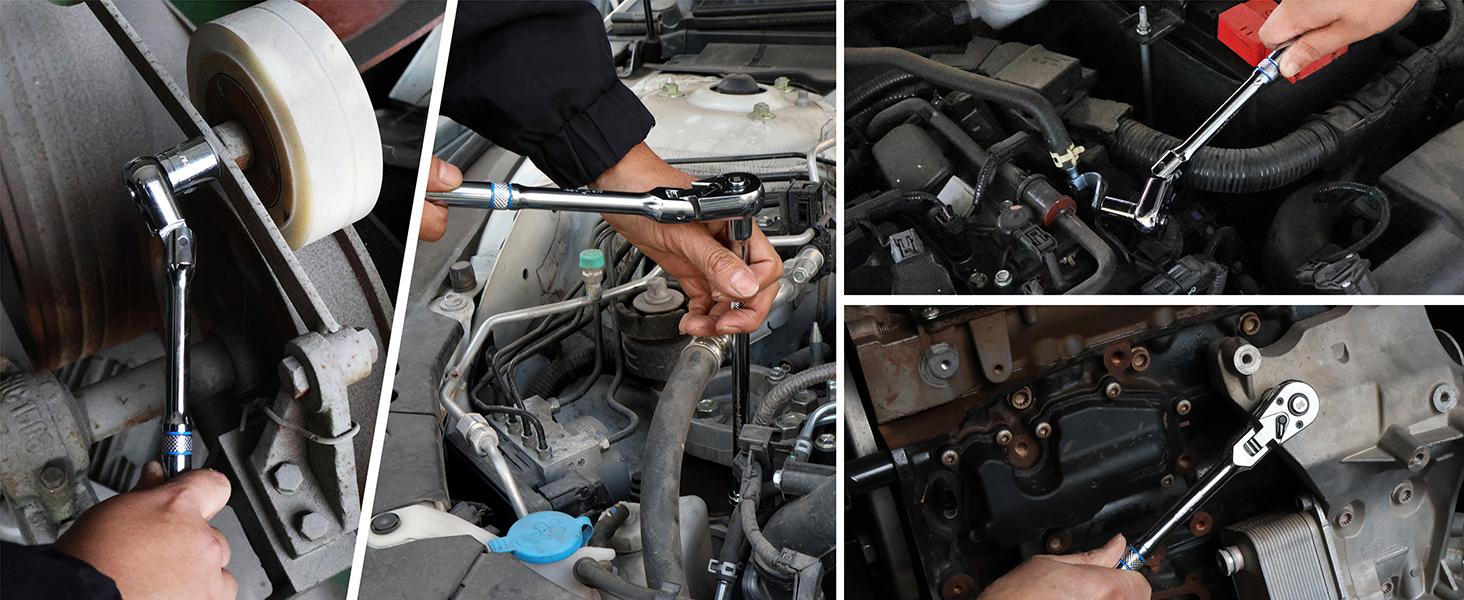 SEESE 10 Piece Flex Head Ratchet Set, 1/4", 3/8" and 1/2" Drive Swivel Head Ratchet Wrench with Extension Bar and 4pc Adapter, 72-Tooth Flexible Wrench Handle with Quick-Release Reversible Design