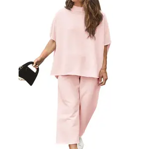 LAICIGO Summer Cozy Plus Size 2 Piece Outfits 3/4 Batwing Sleeve T-Shirt  and Wide Leg Pants Lounge Homewear Casual Set