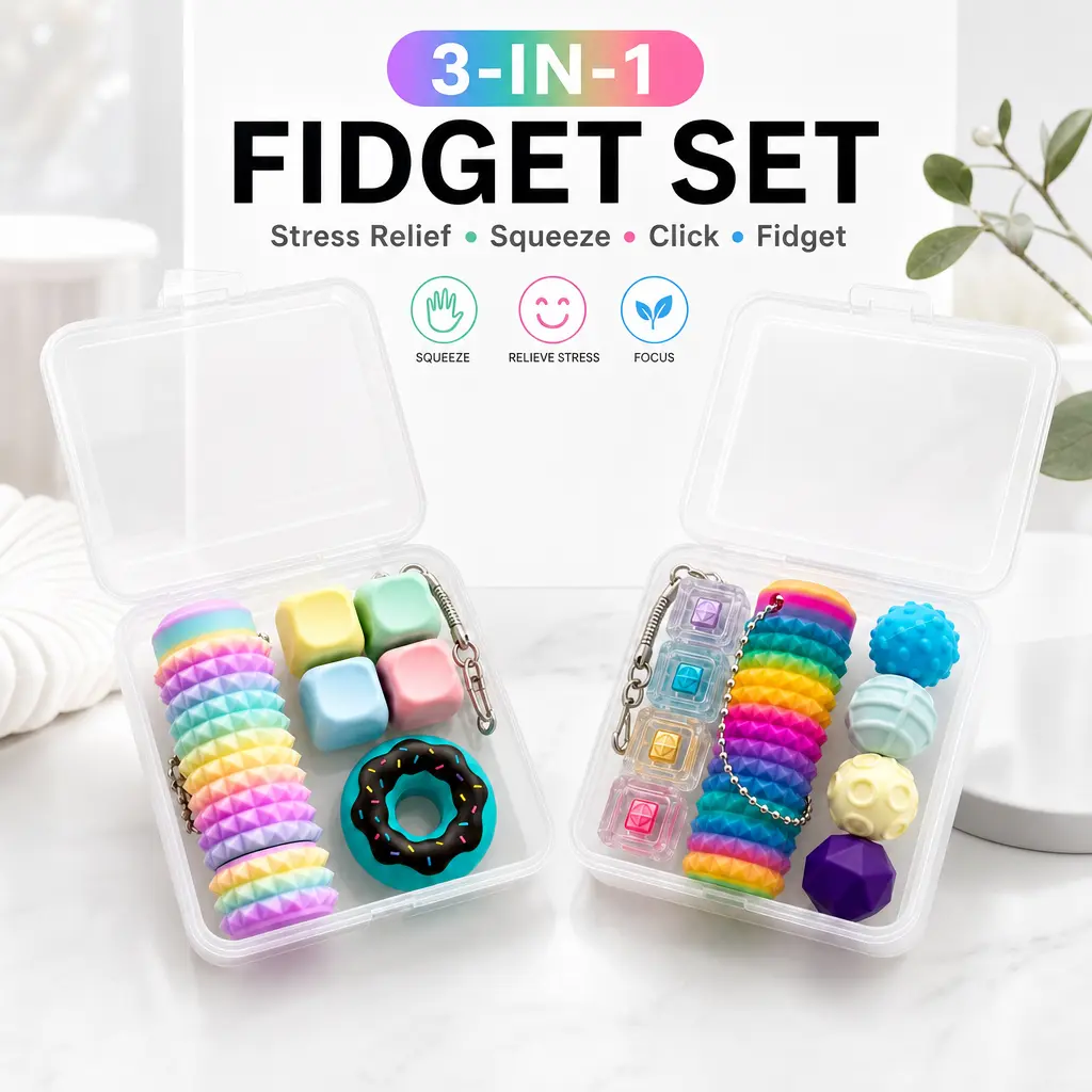 Pain Stim Fidget (Shipping Included) 3-in-1 Toy Set - Portable Keyboard Fidget, Stress-Relieving Magnetic Balls, EDC Poker Gift for Friends ADHD Fidgets Deals for You Days