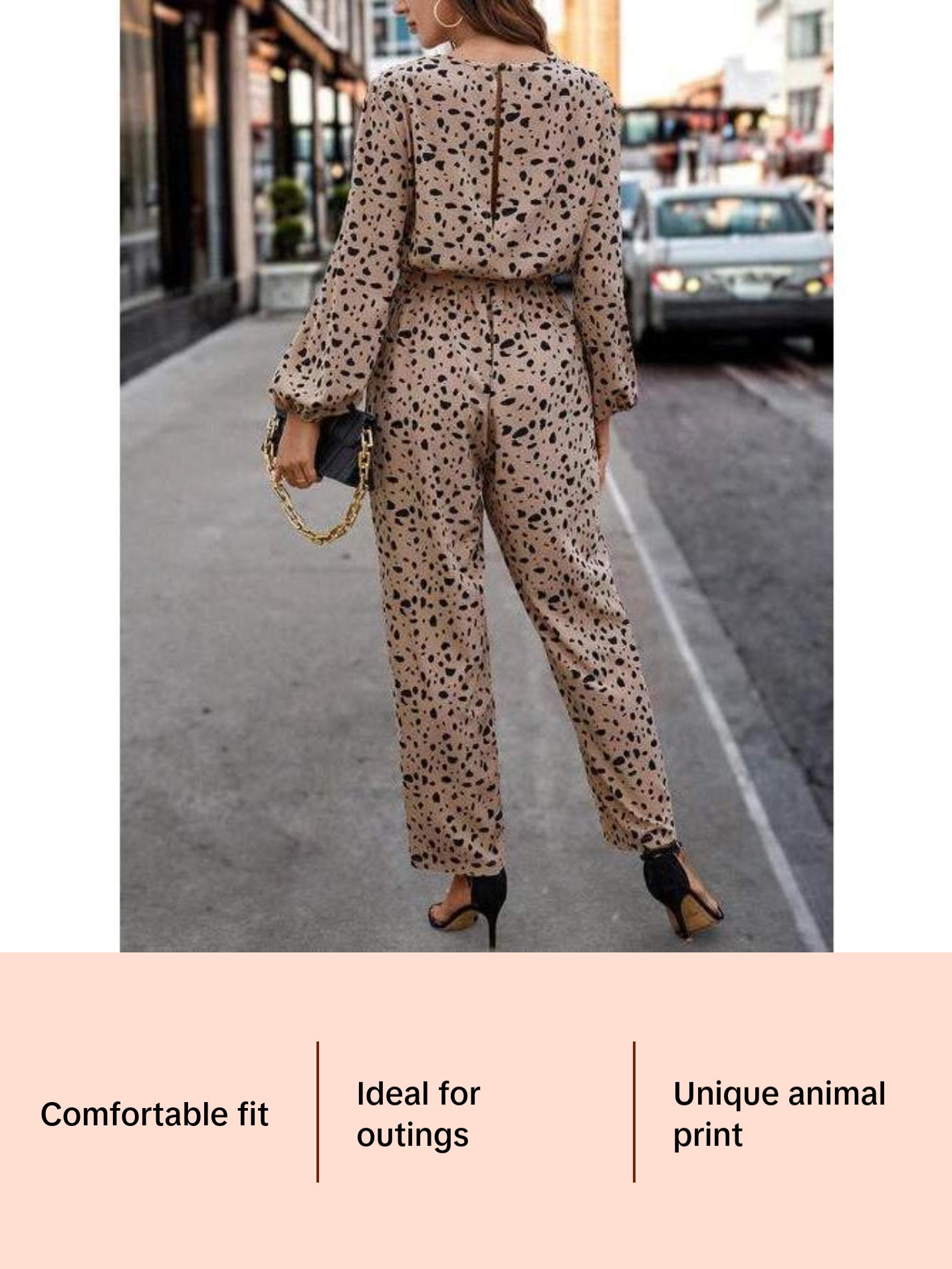 Leopard Tie Front Balloon Sleeve Jumpsuit