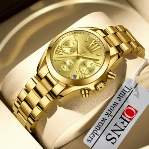 Elegant gold-toned bracelet watch, water-resistant design, chronograph function, classic styling suitable for everyday wear