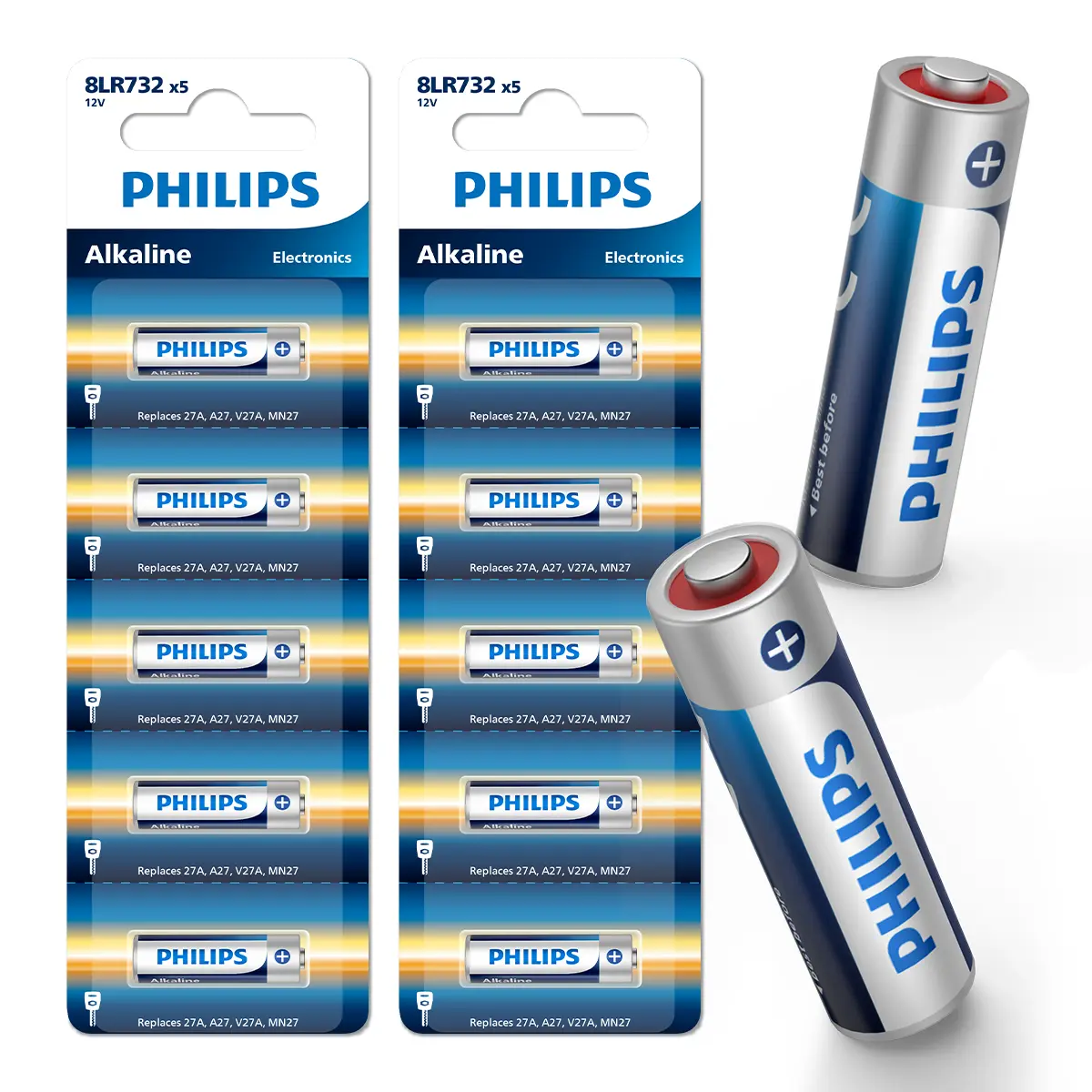 PHILIPS 27A 12V Alkaline Battery 10 Pack, Long Lasting 12 Volt A27 Battery for Key Fobs, Car Alarms, Garage & Gate Remotes and Doorbells