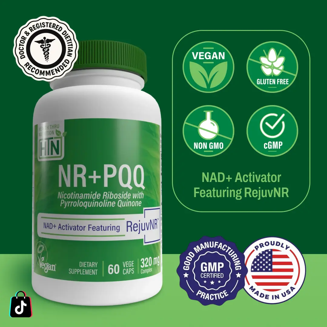 Health Thru Nutrition NR+PQQ for Energy & Anti-Aging 300mg NR + 20mg PQQ NAD+ Booster Vegan 60 Caps Antioxidant Supplement