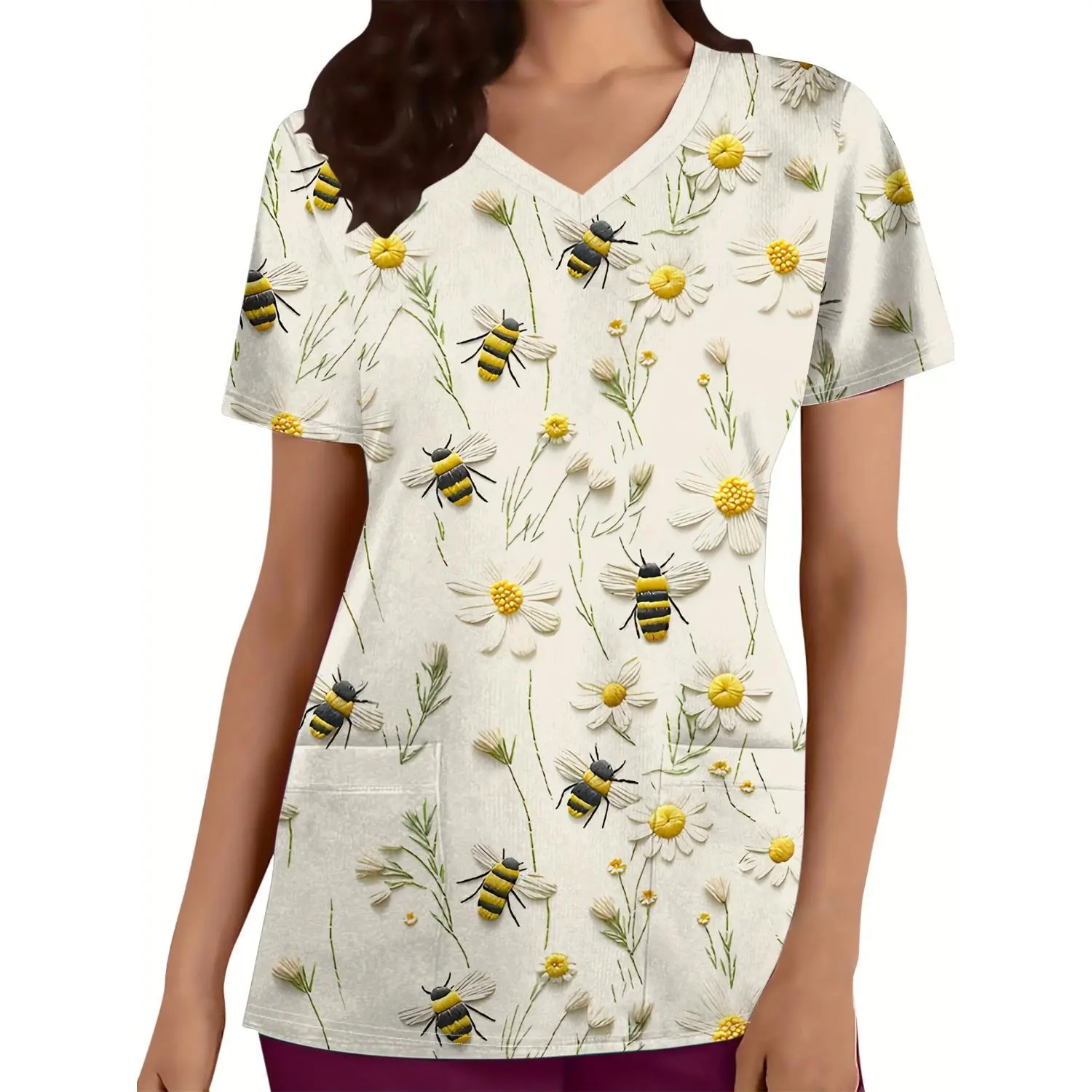 Plus Size Women's Nurse Uniform Top, Floral Bee Pattern, Short Sleeve Healthcare Scrub Shirt for Dental & Beauty Salon