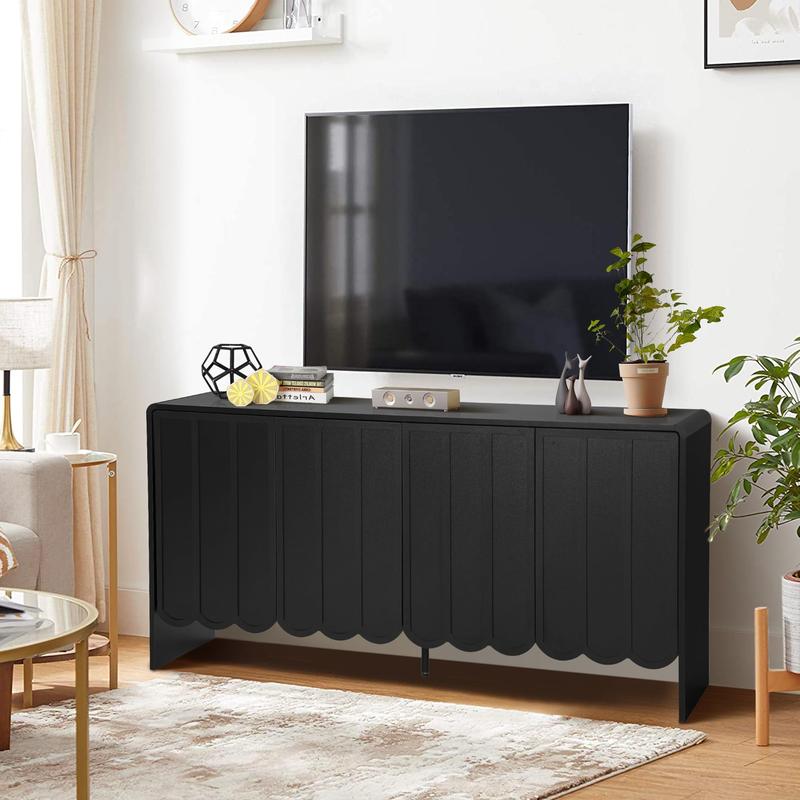 Giratree Sideboard Buffet Cabinet, Accent Storage Cabinet with 4 Doors, Farmhouse Wood Cabinet with Adjustable Shelves and Wave Panel for Living Room, Dining Room, Entry