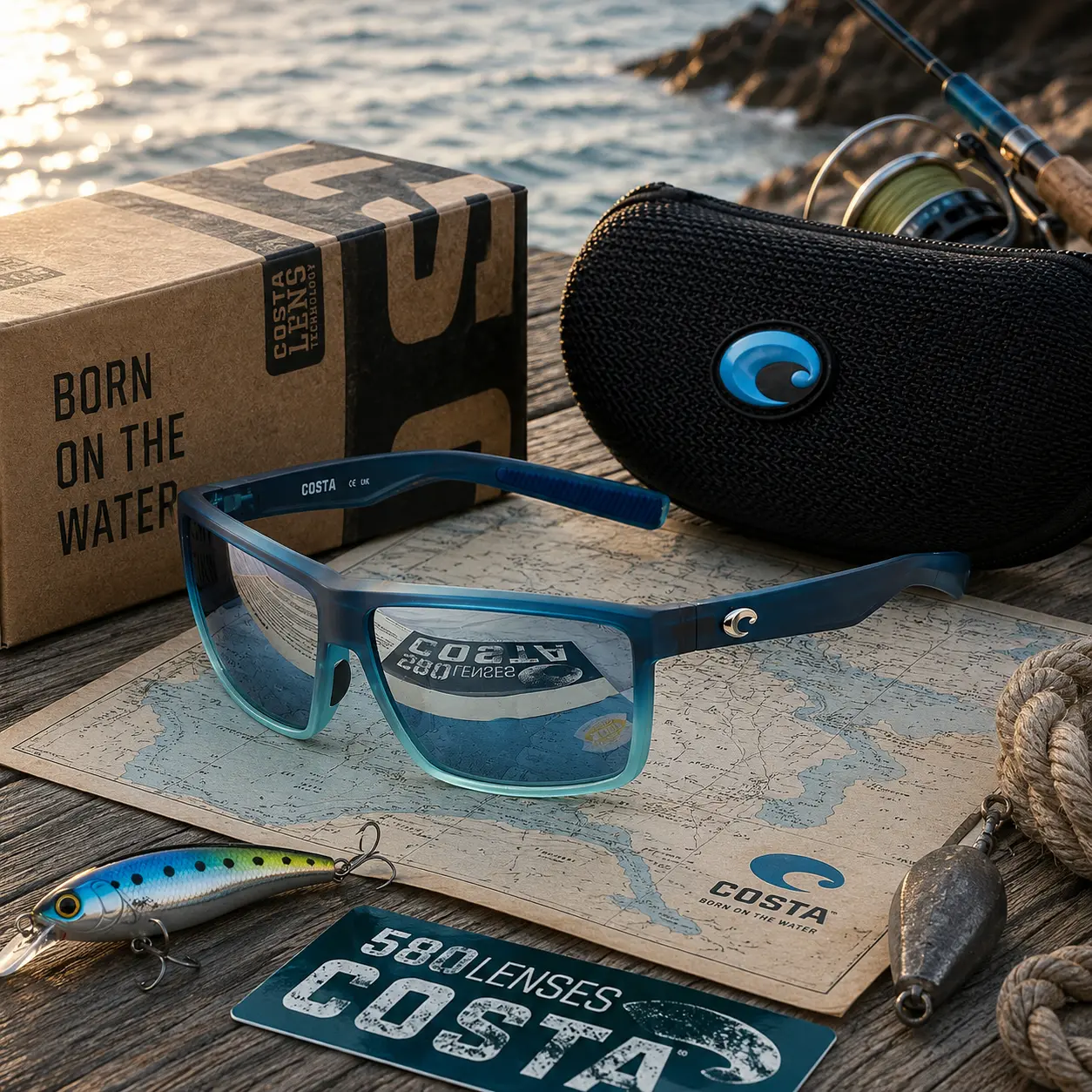 Full Box Costa Del Mar Rinconcito Costa 580G Men’s Polarized Sunglasses Black Frame Blue Mirror Lens UV400 Fishing Driving Outdoor Sport Glasses with Case Box