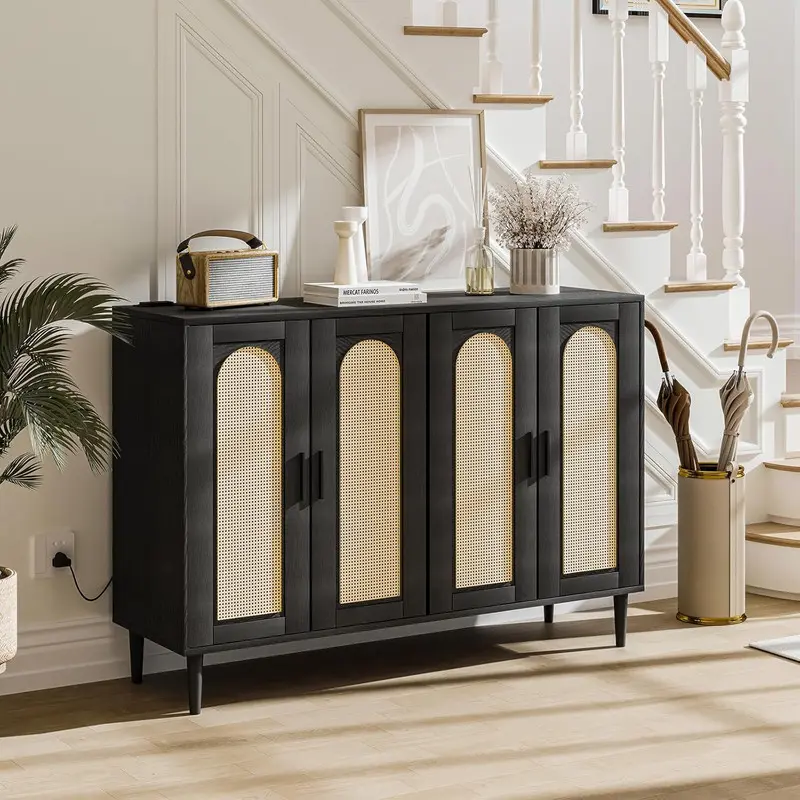 4-Door MDF + Rattan Home Storage Cabinet - Modern Black Durable Indoor Furniture with AC Power Outlets, USB Ports, Metal Handles, Adjustable Shelves, Rattan Accents, Anti-Tip Kit, 48" L x 15" W x 34" H for Dining, Living Rooms