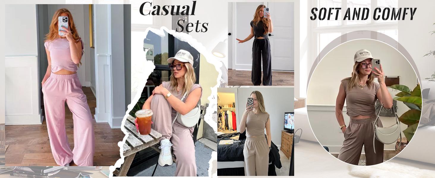 WoodBerry Women's Two-Piece Lounge Sets Workout Cropped Top Tee High Rise Sweatpants Outfits Casual Sweatsuits Suit Athletic Tracksuits With Pockets