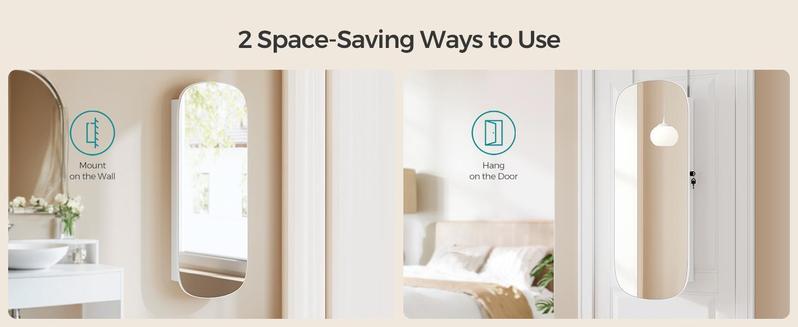 【Springtok】SONGMICS Jewelry Organizer, LED Jewelry Cabinet Wall or Door Mounted, Lockable Rounded Wide Mirror with Storage, Interior Mirror 【Springtok】SONGMICS Jewelry Organizer, LED Jewelry Cabinet Wall or Door Mounted, Lockable Rounded Wide Mirror with Storage, Interior Mirror